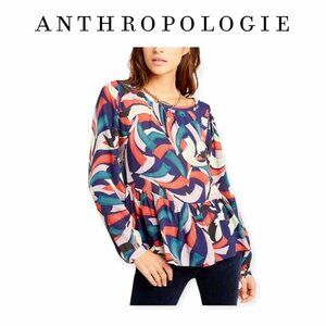 Anthropologie Maeve XS Peplum Bird Print Blouse Navy Brick Red Green Viscose